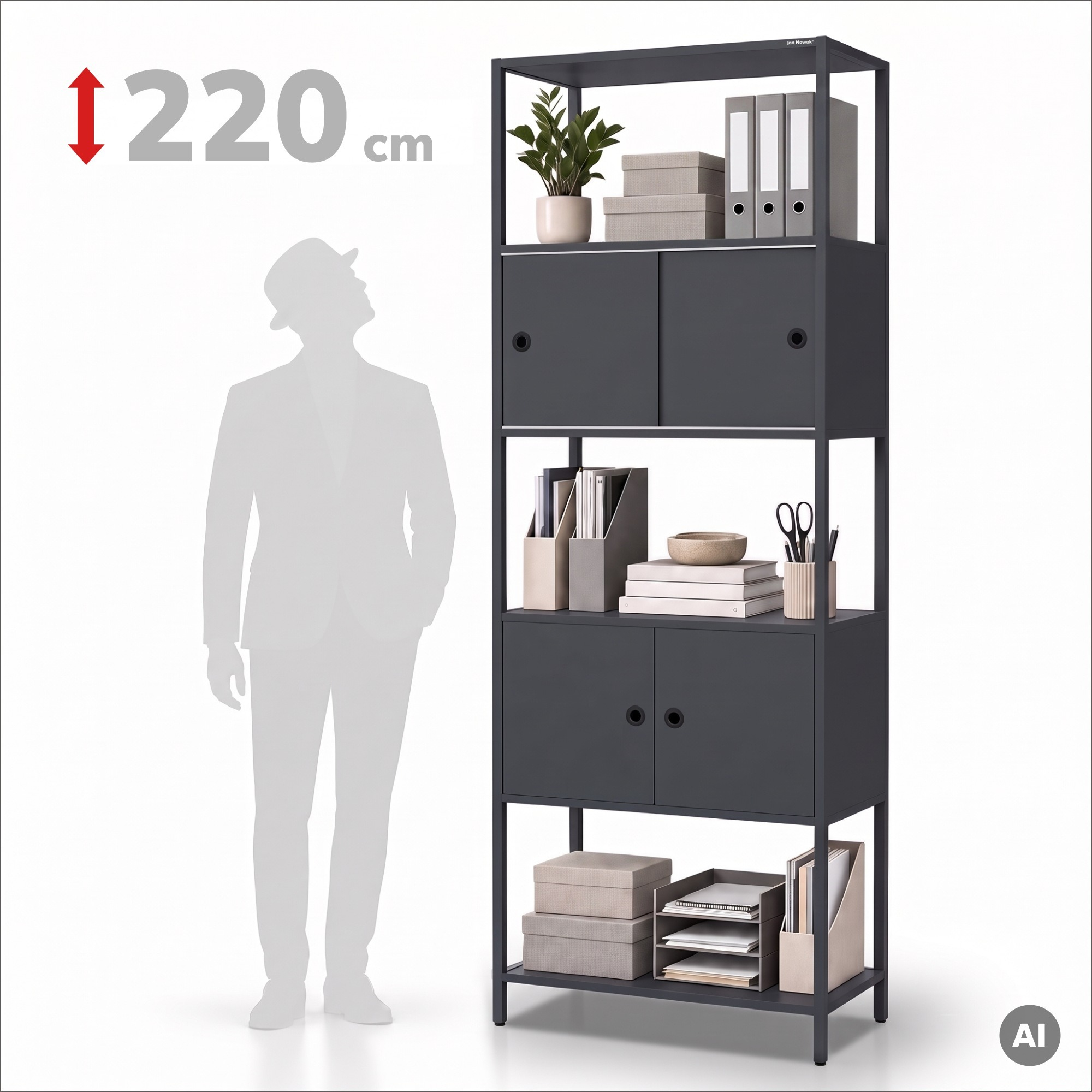 Ordnerrek met afsluitbaar kastje, voor kantoor, open planken, metaal antraciet, 800x2200x400 mm: ARIEL