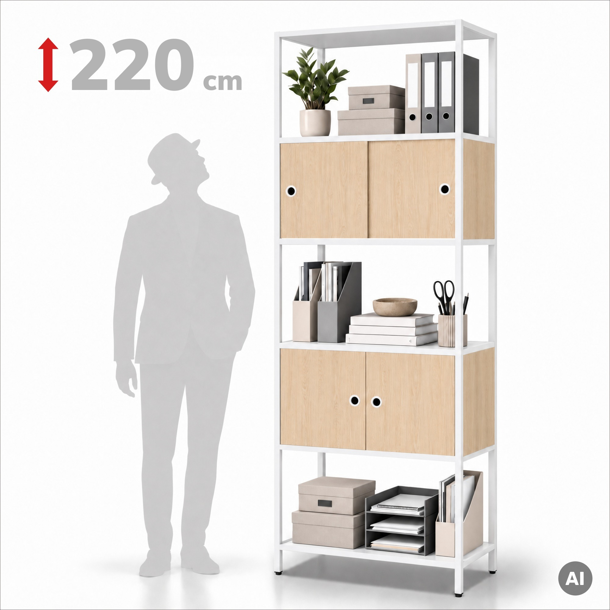 Ordnerrek met afsluitbaar kastje, voor kantoor, open planken, metaal wit/sonoma eiken, 800x2200x400 mm: ARIEL Eco Design