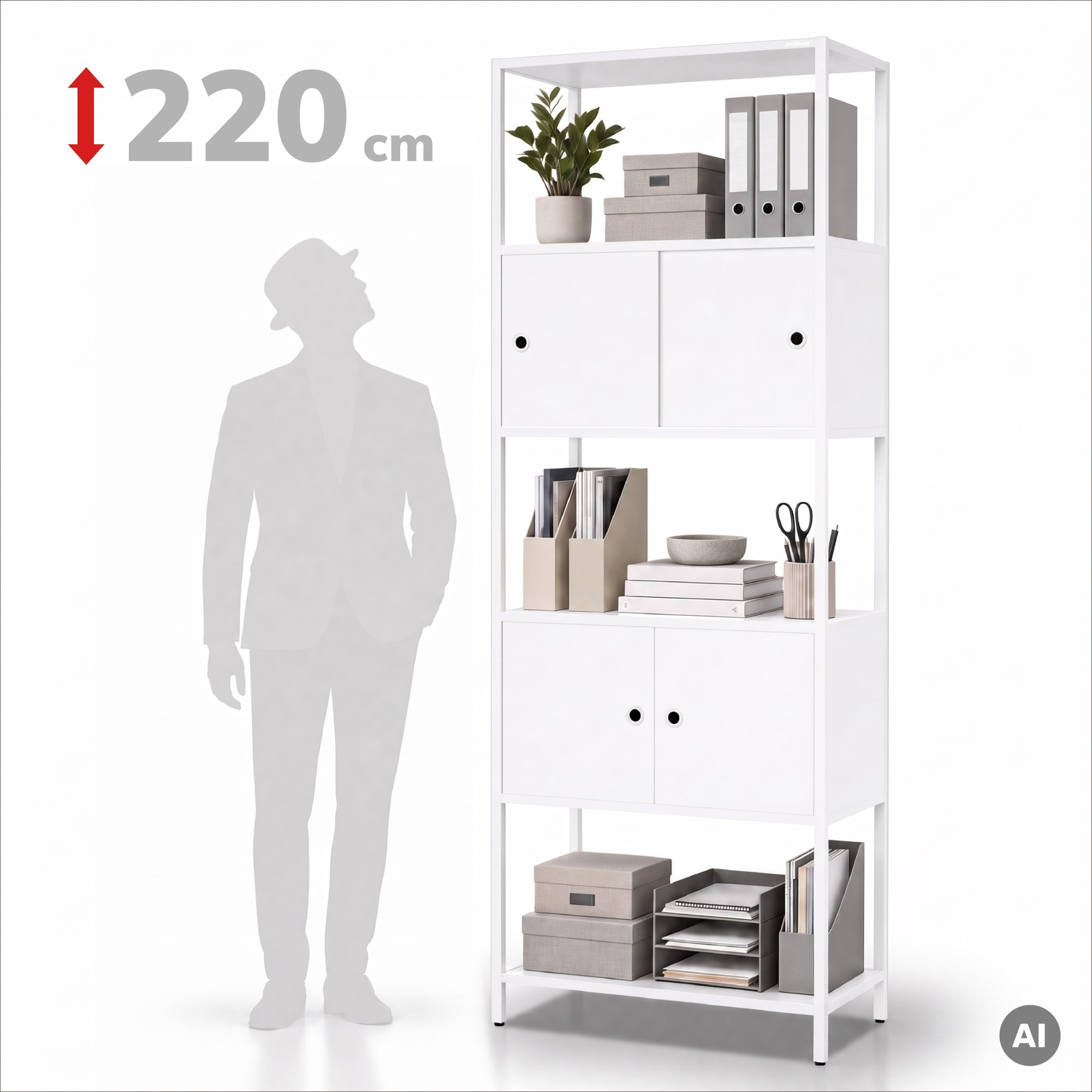 Ordnerrek met afsluitbaar kastje, voor kantoor, open planken, metaal wit, 800x2200x400 mm: ARIEL