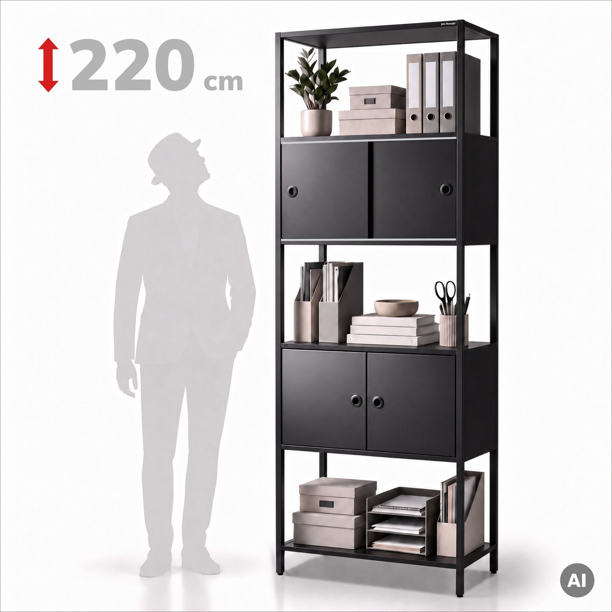 Ordnerrek met afsluitbaar kastje, voor kantoor, open planken, metaal zwart, 800x2200x400 mm: ARIEL