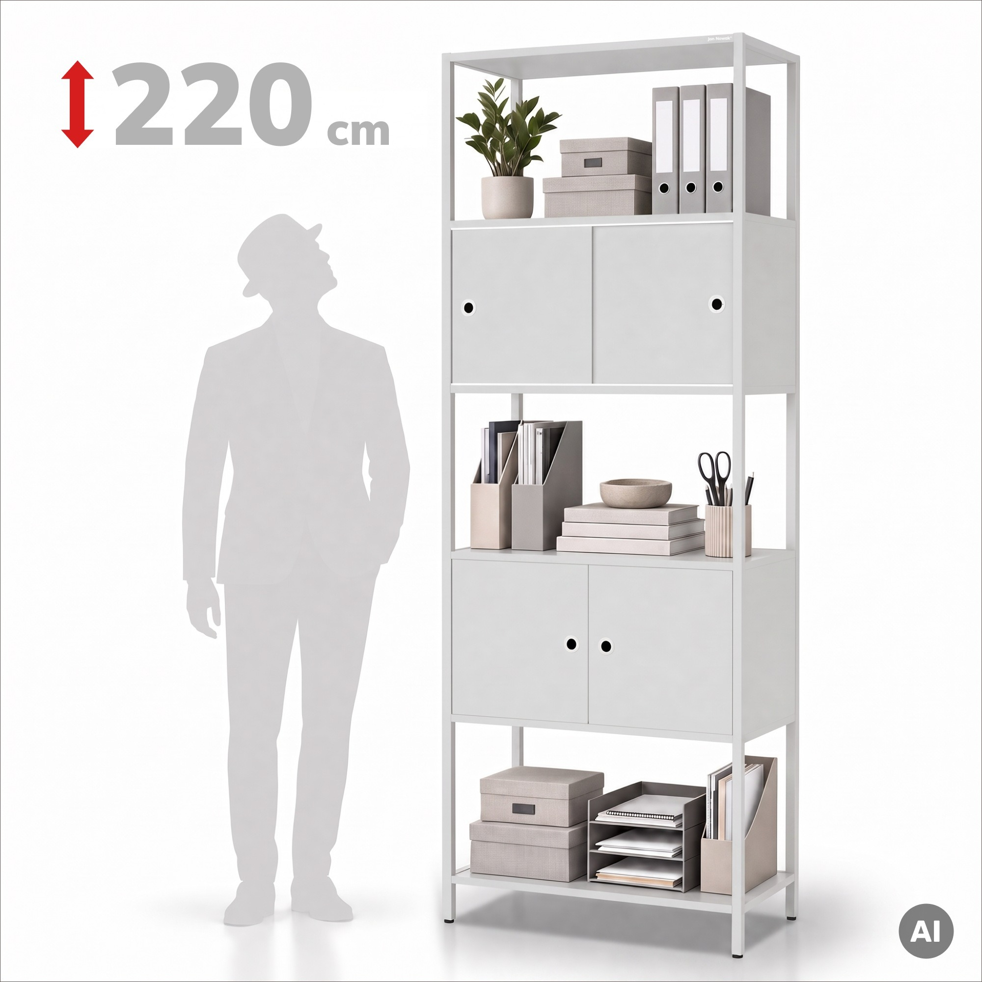 Ordnerrek met afsluitbaar kastje, voor kantoor, open planken, metaal grijs, 800x2200x400 mm: ARIEL