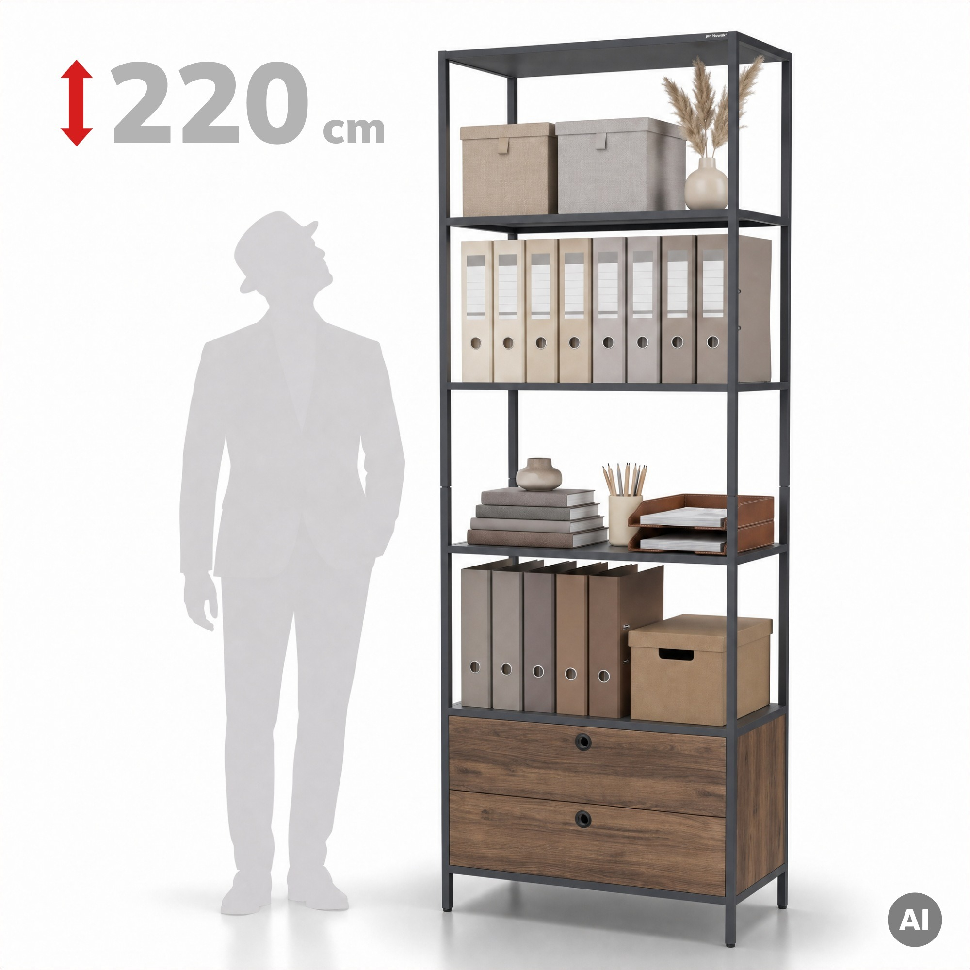 Stellingkast met lades voor kantoor, voor ordners en documenten, open planken, metalen, antraciet/notenhout, 800x2200x400 mm: ARIEL Eco Design