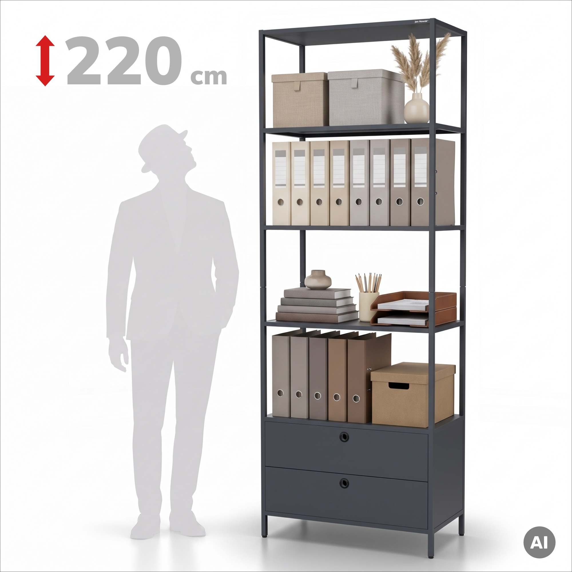 Stellingkast met lades voor kantoor, voor ordners en documenten, open planken, metaal, antraciet, 800x2200x400 mm: ARIEL