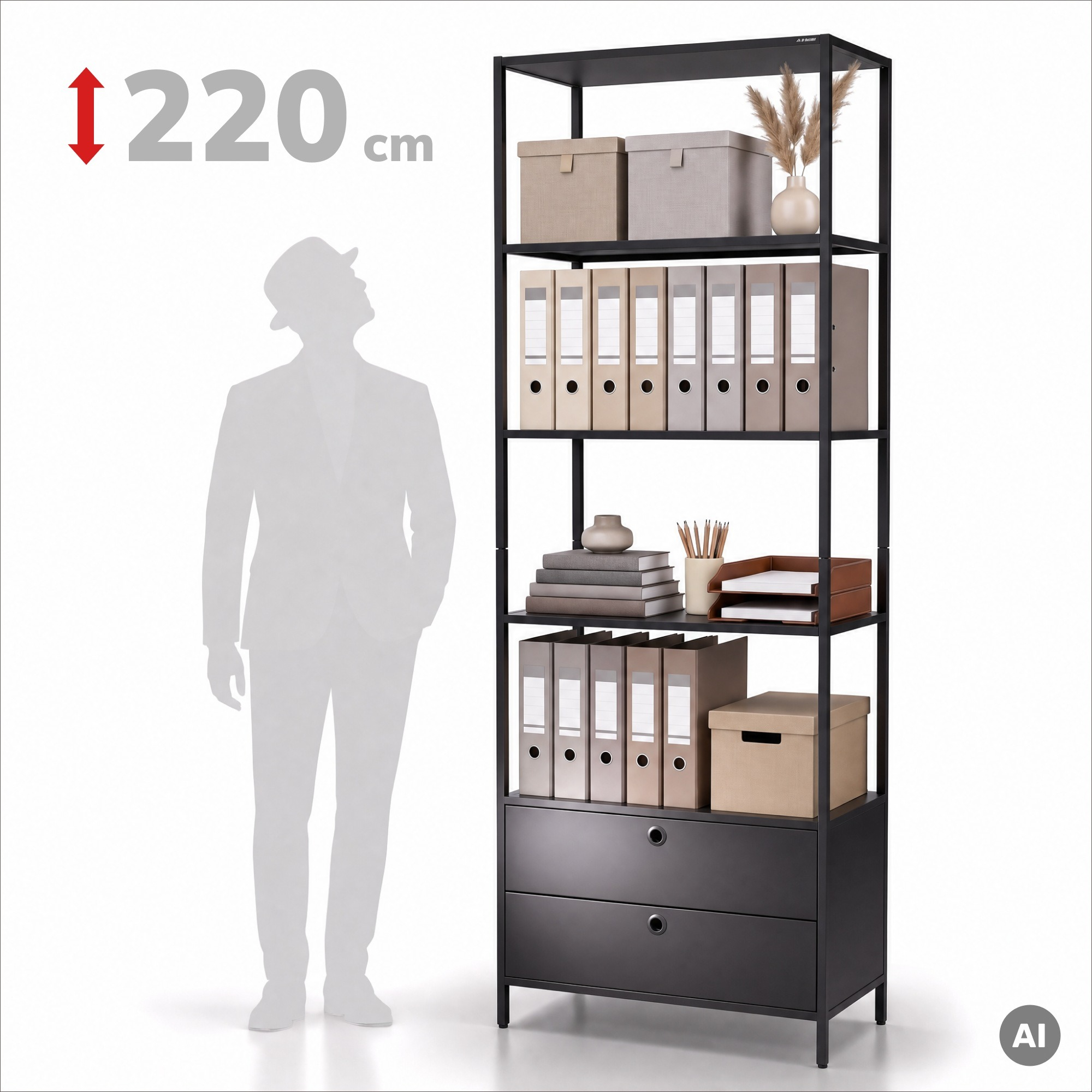 Rek met laden voor kantoor, voor ordners en documenten, open planken, metalen, zwart, 800x2200x400 mm: ARIEL