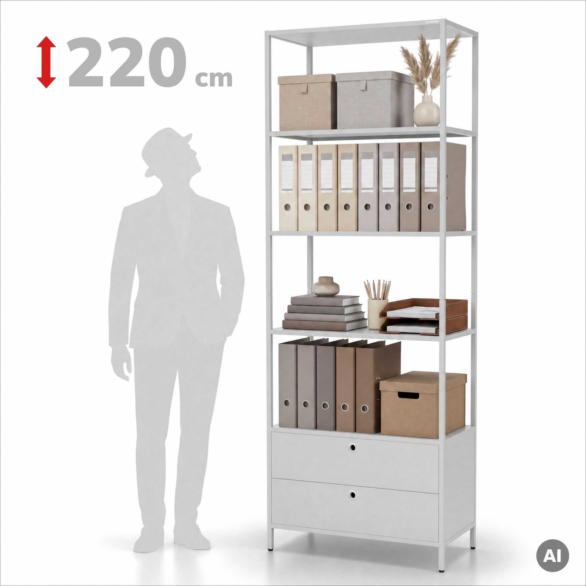 Stellingkast met lades voor kantoor, voor ordners en documenten, open planken, metalen, grijs, 800x2200x400 mm: ARIEL