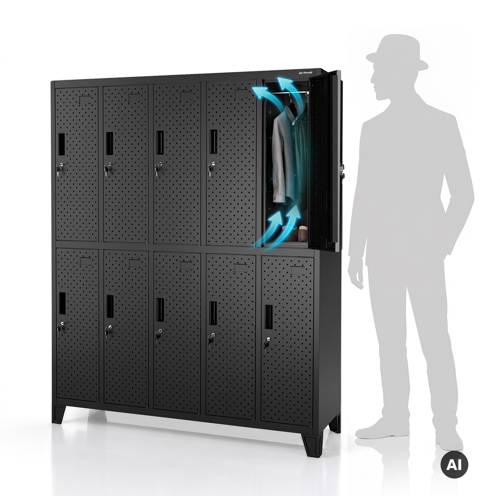 BHV-kledingkast, lockerkast, geperforeerd, 10 lockers, zwart, 1360x1720x450 mm: BARTEK PRO